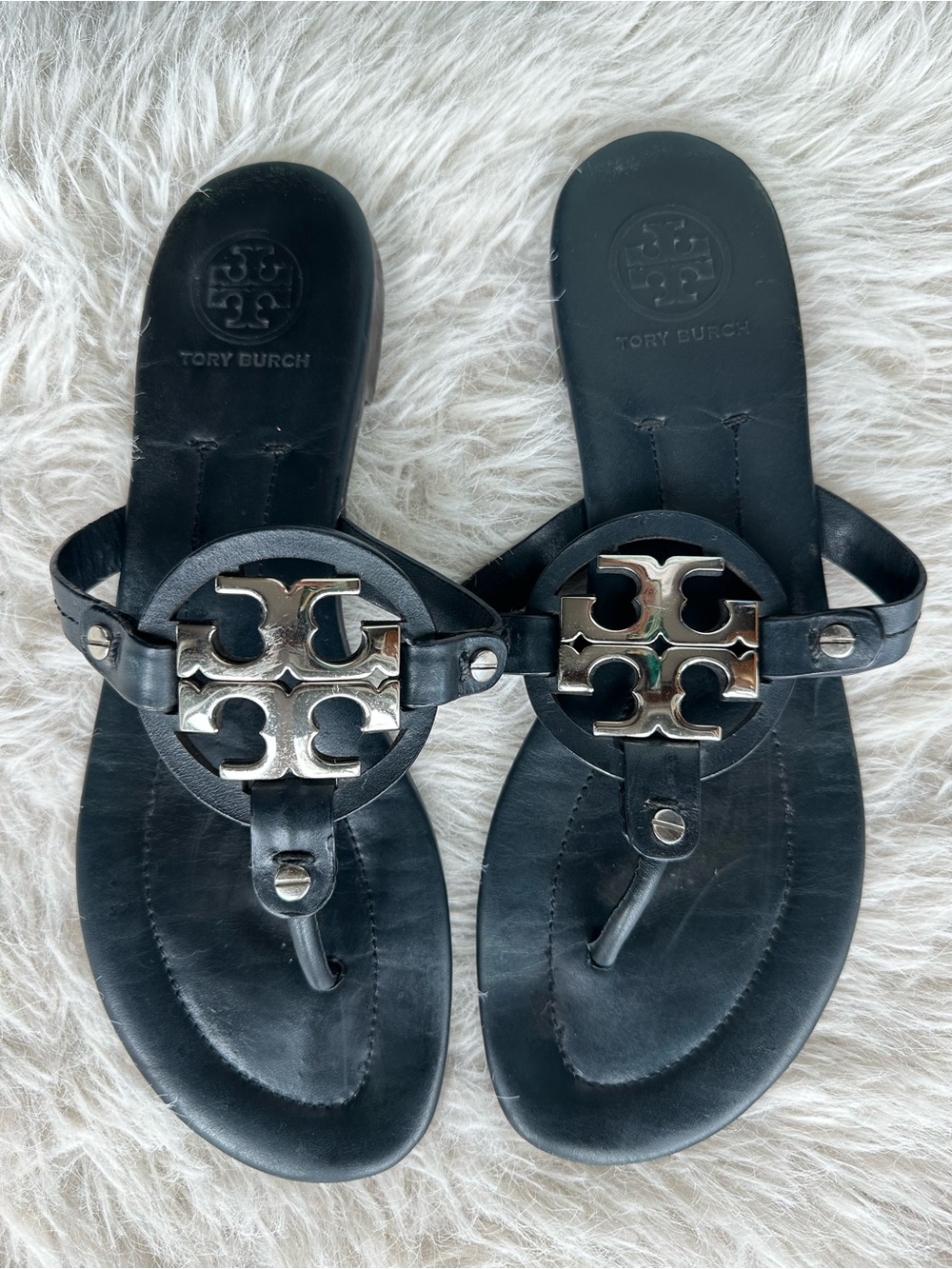 Tory Burch Black Leather metal TT Logo Thong Sandals with Silver Medallions
